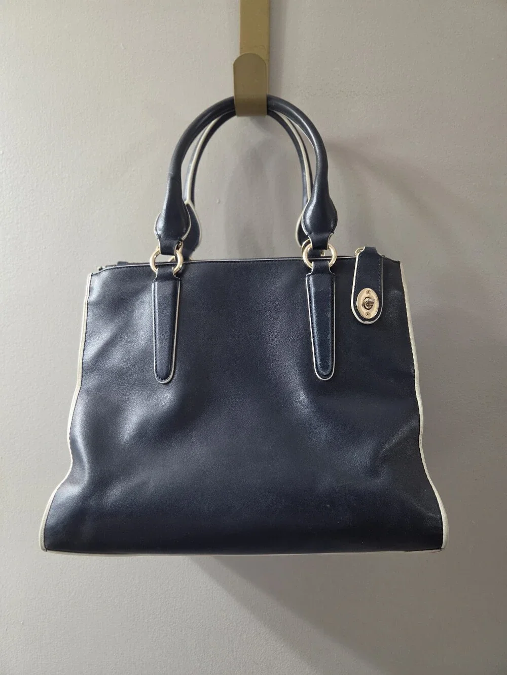 Coach Retired Crosby Navy Leather Satchel with Cream Trim and Gold Hardware